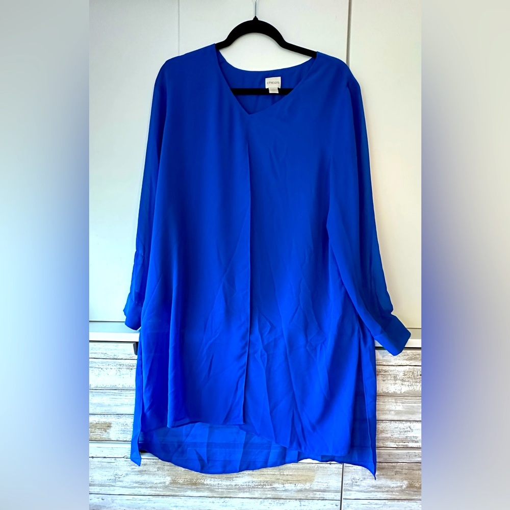💙 Chico’s Cobalt Blue Sheer Overlay Long Tunic Size 1 US 8/10